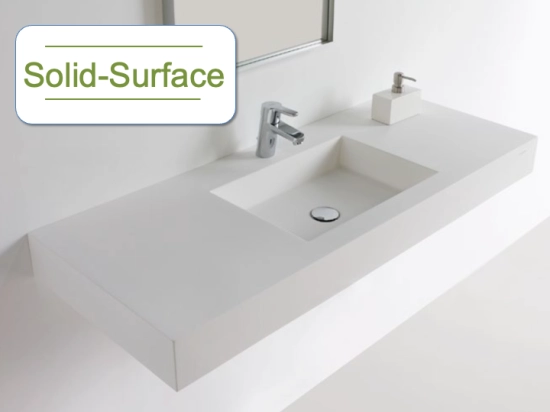 Plan vasque Design, fabrication sur mesure, Largeur 60 à 200 cm x Profondeur 40 à 60 cm, résine minérale ACRYSTONE® SOLID-SURFACE Finition lisse blanc mate, Livraison Offerte et Rapide.